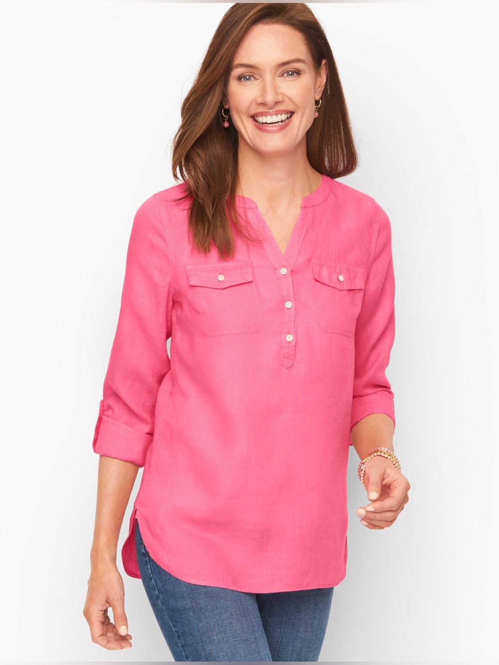 Talbots Vibrant Pink Henley Tunic with Chest Pockets